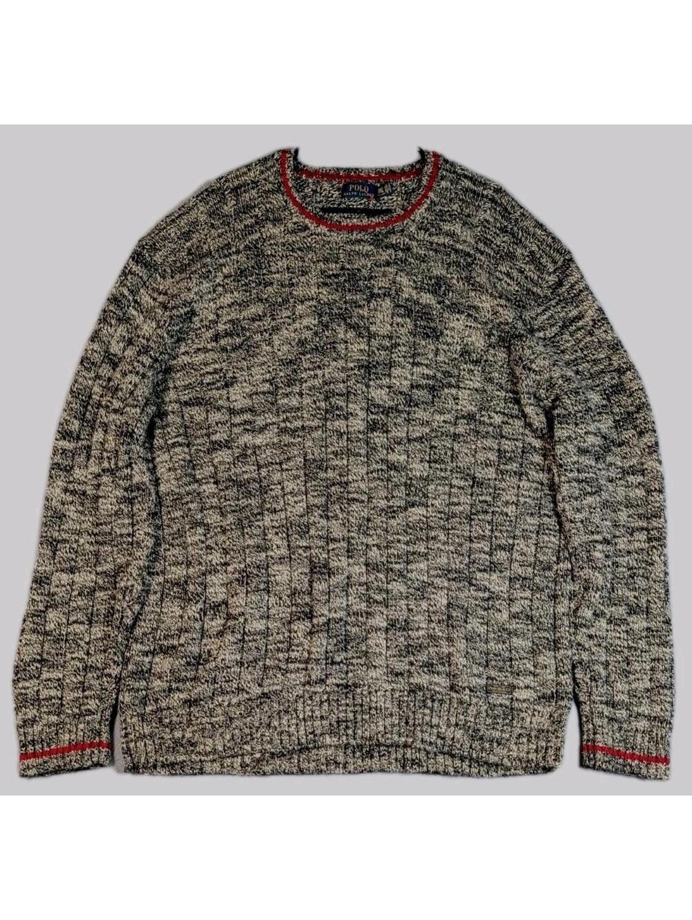 Vintage Polo Ralph Lauren Mens 3XLT Gray Knit Sweater Red Trim Heavy Textured